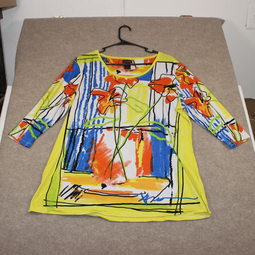Multiples Womens Large Yellow Blue Floral 3/4 Sleeve Abstract Art Tunic Top